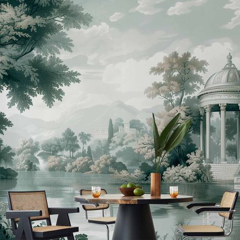 Fototapete – Blick auf Park und See, Retro-Vintage-Landschaft im Grünen / Landschaft mit Park und See im Retro-Stil (1/4)