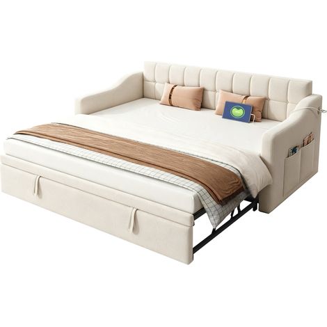 Divano letto convertibile 207x99x80 cm in velluto beige salvaspazio FloraGrace (1/5)