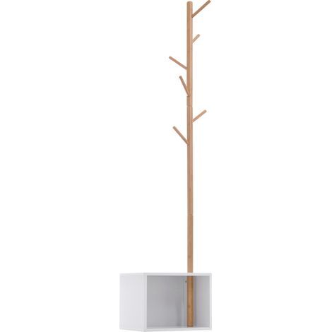 Garderobe und Aufbewahrungsmöbel in einem modernen, gemütlichen Design. Maße: 40 x 30 x 180 cm (L x B x H). Gefertigt aus weißem MDF, Massivholz und Bambus.