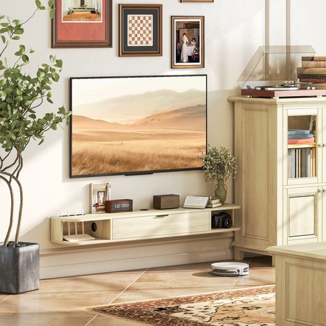 Meubles TV suspendus 140x24x16 cm naturel avec tiroir pliant 2 étagères ouvertes Gestion des câbles Bois (1/4)