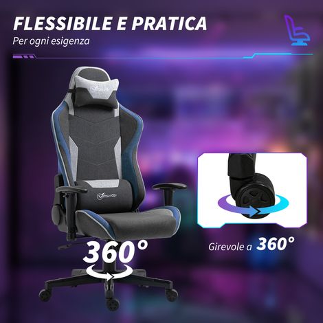Fauteuil Gaming Inclinable 150° avec Fonction Bascule, Tissu Aspect Lin Gris, 66x53x128-138 cm (1/5)