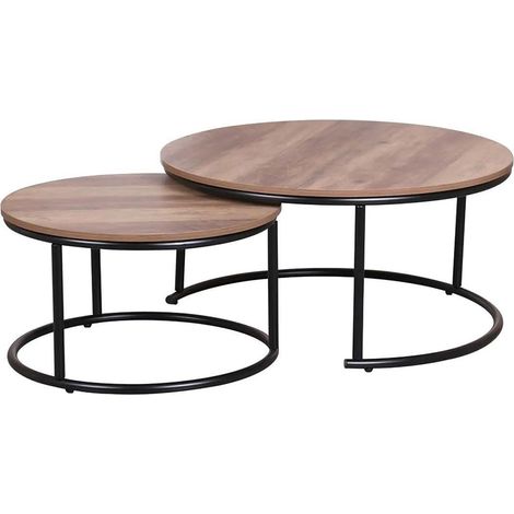 Set de 2 Tables Basses Rondes Gigognes en Bois et Métal Noir (1/5)