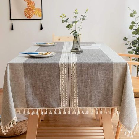 Nappe Rectangulaire Anti Tache Lavable Nappe de Table Coton Lin Nappe Brodé Gland Nappes pour Cuisine Table à Manger Décoration de Buffet (140x180CM) (1/5)