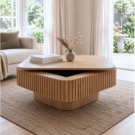 Table basse carrée 75 cm en bois clair et MDF, façade cannelée, plateau amovible avec grand rangement caché, meuble d’appoint moderne pour salon, chambre ou bureau – CHICFURN (1/5)