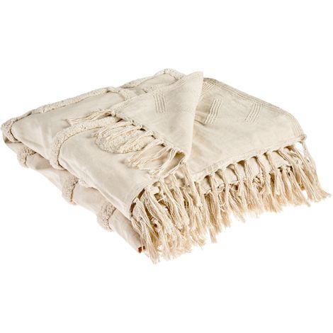 Manta de Algodón Moqueta con Borlas Estilo Boho Manta de Cama 220x240 cm Beige Chack (1/5)