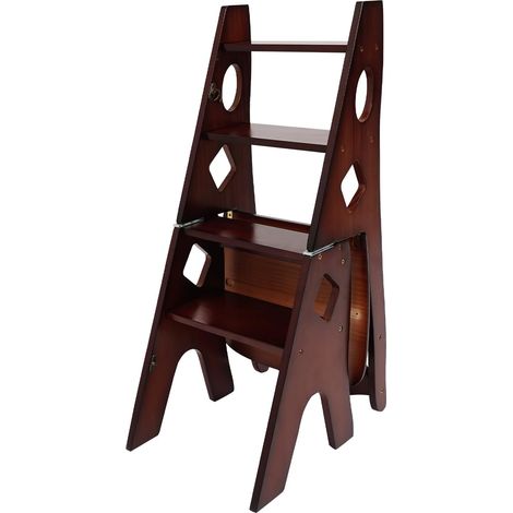 Chaise pliante-marchepied à 4 marches en bois pliable - Escabeau convertible et chaise d'escalier - Échelle multifonction, capacité de charge 100 kg, pour usage intérieur et extérieur (Noyer)