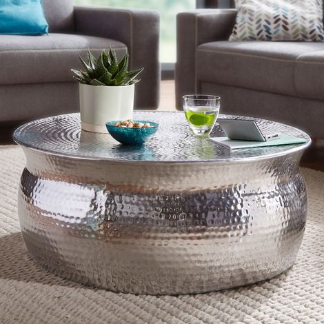 Table basse ronde 75x31 cm en aluminium argenté (1/5)