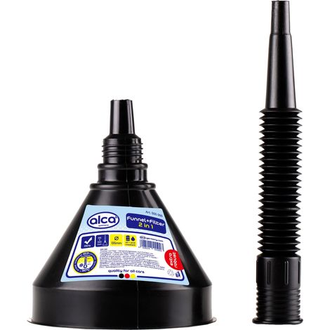 alca® Trichter mit Filter & Schlauch – 2in1 Funnel+Filter, Ø 135 mm, 340 mm Länge, öl- & säurebeständig, Polypropylen, schwarz (1/3)