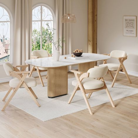 Lot de 2 chaises pliantes en bois massif et tissu lin beige, avec accoudoirs, assise rembourrée, charge 120 kg