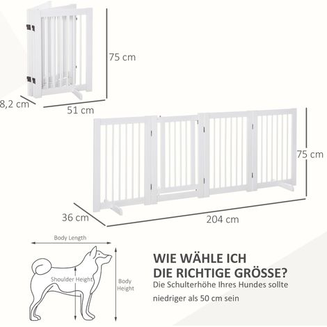Barrière pour chien, barrière de sécurité autoportante avec pieds, 204 x 75 cm, en bois, idéale pour les escaliers, les portes, la cuisine et le couloir. 4 panneaux, blanche. (1/5)