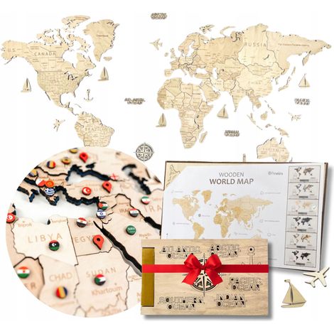 Carte du monde murale en bois 3D XXL 181 x 100 cm + 222 accessoires (1/5)