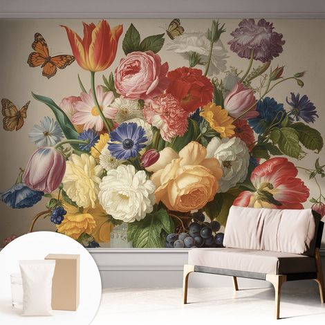 Papier peint intissé classique moderne pour salon et chambre à coucher Décoration rapide avec colle Fleurs et papillons 312x219 cm (1/5)
