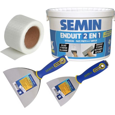 Semin – Pack de 1 bande adhésive 20m – 1 enduit 2 en 1 7kg – 1 couteau à enduire 10cm – 1 couteau à enduire 15cm (1/5)