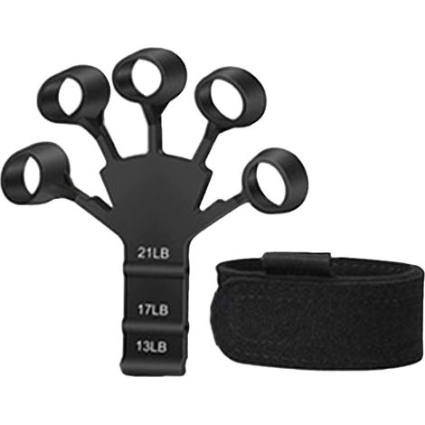Gant de renforcement des doigts en silicone noir avec sangle réglable pour l'entraînement de la flexion et de l'extension de la main. (1/5)