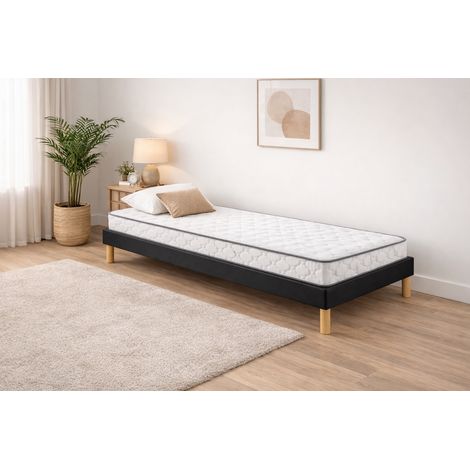 Ensemble Sommier Tapissier et Matelas 80x190 cm - Couleur : Noir - Sommier Déhoussable avec Pieds 20 cm et Lattes Multiplis - Matelas Soutien Très Ferme Mousse Haute Densité - (1/5)