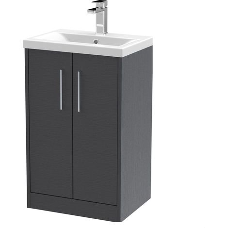 Winshill Contemporary 2 Door Floor Standing Vanity Unit with Mid-Edge Basin, Woodgrain Dark Grey, 500mm