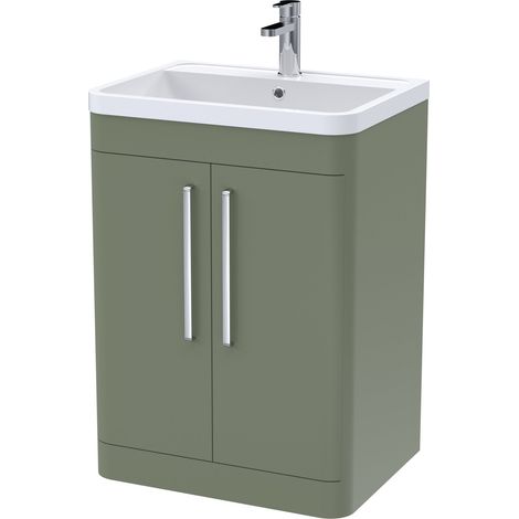 Nuie Parade Satin Green 600mm 2 Door Vanity Unit and Polymarble Basin - FPA810 (1/5)