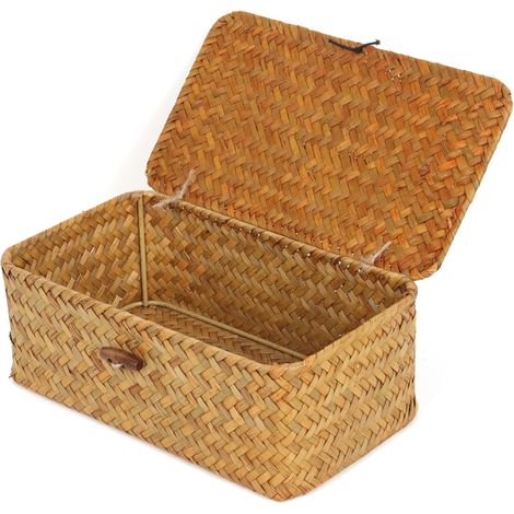 Paniers de rangement rectangulaires en osier avec couvercle, en jonc de mer tissé à la main pour étagères, bureau, maison (naturel, taille XS) (1/5)