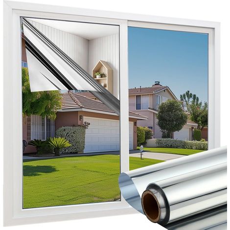 Film Anti Regard Fenetre 100x200 cm, Effet Miroir sans Tain pour Vitre Brise Anti UV, Film Adhesif Fenetre Anti Chaleur, Feuille Miroir Occultant à Sens Unique Protéger du Soleil, Argent (1/5)