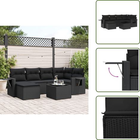 Salon de jardin 7 pcs avec coussins noir résine tressée - Ensemble Salon De Jardin - Meuble De Jardin - Canapé D'extérieur - Set Salon Exterieur - Fauteuil De Jardin (1/5)