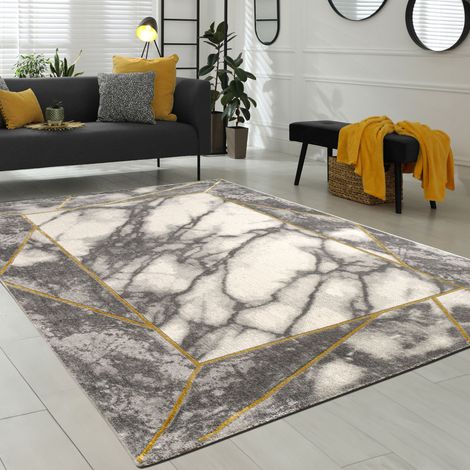 Paco Home Teppich Wohnzimmer Kurzflor Marmor Design Bordüre Geometrisch Grau Gold 120x170 cm