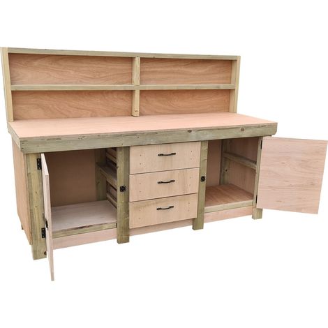 Eucalyptus top workbench with drawers and double lockable cupboard (V.8) (H-90cm, D-70cm, L-210cm) with back panel (1/5)