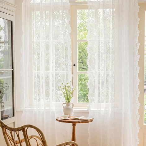 Lot de 2 rideaux dentelle blanche motif floral brodé 150x200 cm vintage voile brodé transparents chambre à coucher salon terrasse mariage (1/5)