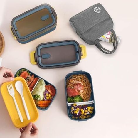Bento Lunch Box Kit,1400 ml Double Couche Boite Repas avec Couverts et Sac Isotherme Repas, Hermétique Botes Bento pour Pique-Nique, Travail, Goter, Bento Box pour Micro Ondes(Bleu Foncé) (1/4)