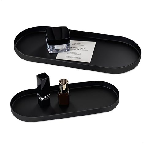Plateau Salle de Bain, Vide Poche, Plateau Decoratif dans un Ensemble de Deux Tailles, Plateau Bijoux pour Ranger Clés, Bijoux, Cosmétiques, Lunettes, Métal, 2 Pièces, Noir (1/5)