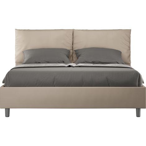 Lit moderne 160x200 cm avec tête de lit coussins simili cuir beige Anja- (1/5)