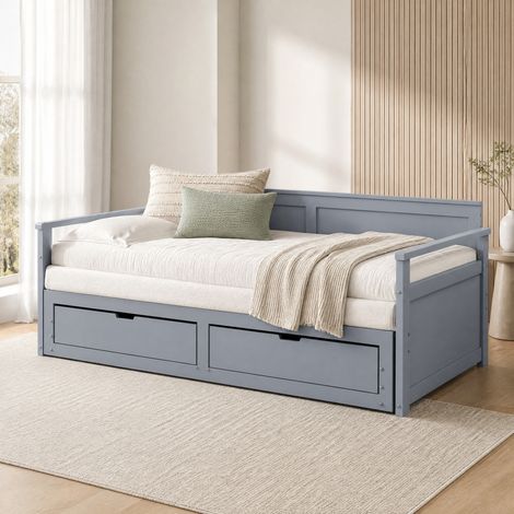 Lit banquette 90/180x190 cm en bois massif gris avec tiroirs et lit gigogne (1/5)