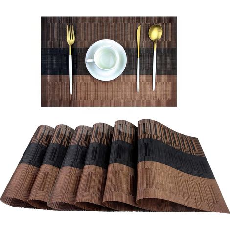 Sets de Table Rectangulaire Lavable Antidérapant, Lot de 6 Résiste à la Chaleur Set de Table, Table à Manger en Cuisine ou Salle à Manger Brun Noir (1/5)
