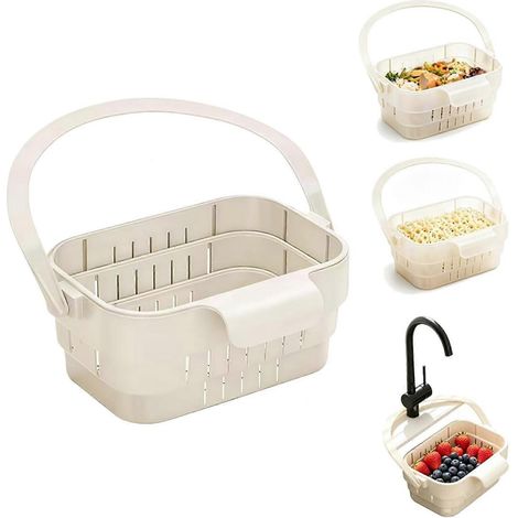 Passoire évier suspendue extensible pliable blanche avec couvercle rabattable, rangement multifonction robinet (1/5)