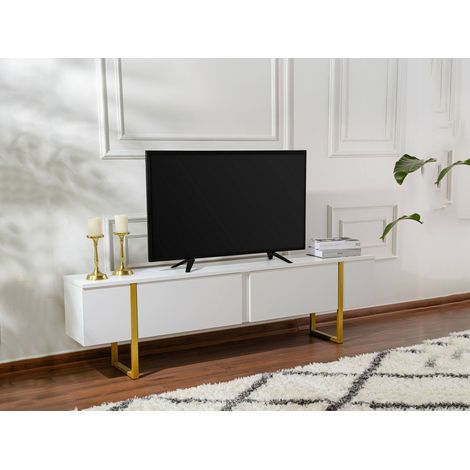 Dmora - Mobile porta TV Gussola, Credenza da soggiorno, Armadio basso per TV, Base parete attrezzata, 180x30 h50 cm, Bianco e Oro (1/5)