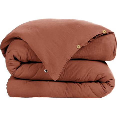 Housse de couette 1 pers 140 x 200 cm double gaze de coton Gaïa Brique (1/3)