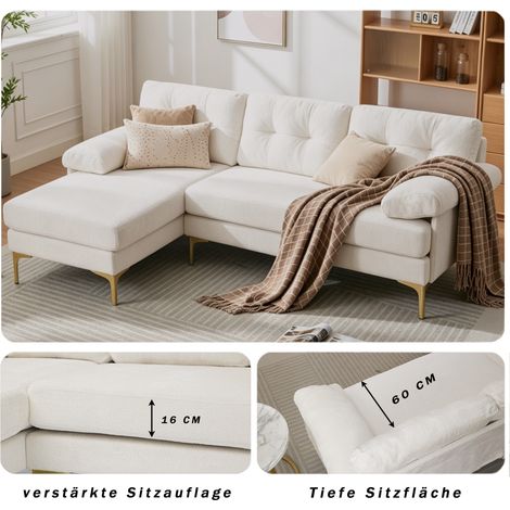 Canapé d'angle 3 places en tissu chiné beige, 187,5 cm, avec 3 coussins, repose latéral réversible gauche/droite, accoudoirs rembourrés, pieds métalliques, livré avec vidéo. (1/5)
