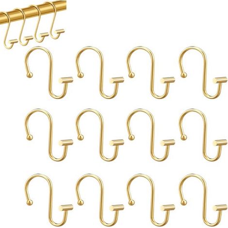 Lot de 12 crochets de rideau de douche dorés, anneaux métalliques antirouille en forme de S, robustes et durables, adaptés à tous types de rideaux (1/5)