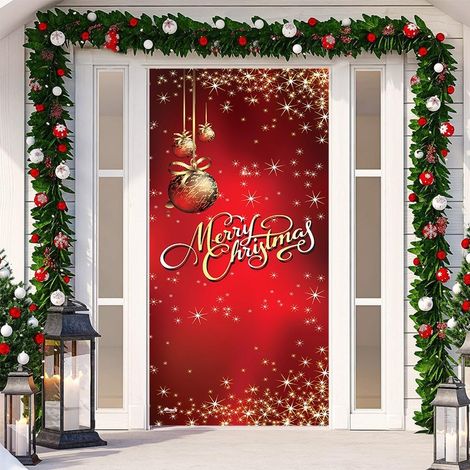 Décorations de Noël avec cloches, nœuds, flocons de neige, Père Noël, banderole « Joyeux Noël » - 90 x 180 cm (perforée + ruban) - 23