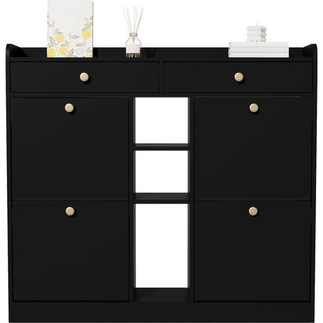 Meuble à chaussures noir 110x26x100 cm, 4 portes rabattables, 2 tiroirs et 3 étagères ouvertes – Parfait pour entrée moderne