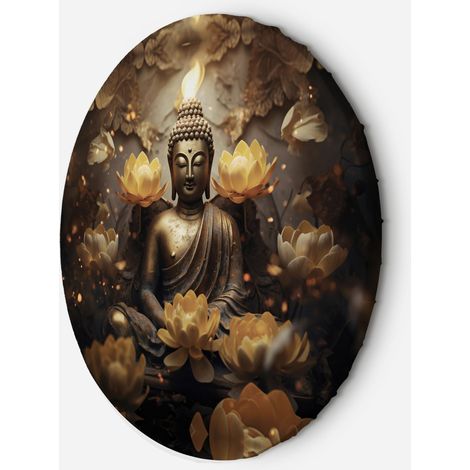 Tableau sur toile Image circulaire AI Bouddha doré et fleurs de lotus 80x80 (1/5)