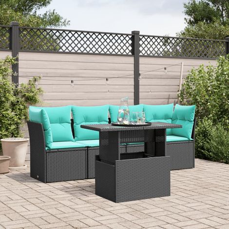 5-teiliges Gartensofa-Set mit Kissen, schwarzes Polyrattan (1/5)