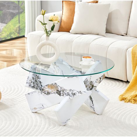 Table basse ronde 79 cm transparente et blanche en MDF et verre trempé avec base croisée (1/5)