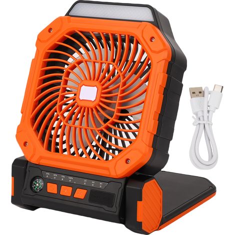 Ortviai Ventilateur solaire portable pour camping – 4 vitesses, 3 modes lumière LED, batterie 7800 mAh, orange (1/5)