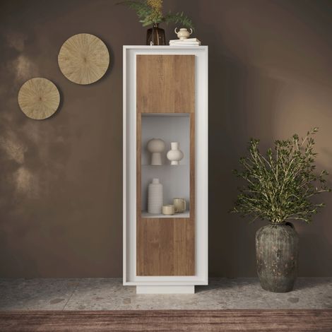 Vitrine 1 porte salle à manger blanc et noyer YORI (1/5)