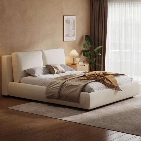 Lit coffre 180x200 cm rembourré beige bouclé, lit double hydraulique avec sommier à lattes inclus, tête de lit confortable, grand rangement intégré, sans matelas (1/5)