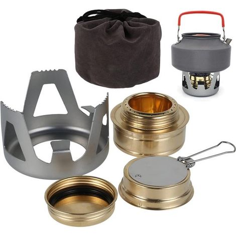 Mini hornillo portátil de alcohol líquido de acero inoxidable para exteriores con soporte, ideal para mochileros, picnics, senderismo y acampada. (1/5)