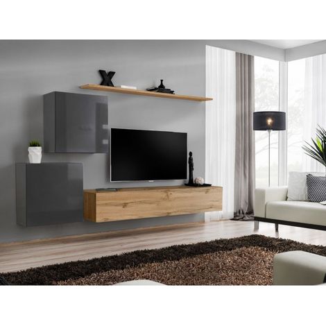 Ensemble mural - Switch V - 1 vitrine carrée - 1 banc TV - 1 étagère - Bois et graphite - Modèle 2 - Livraison gratuite