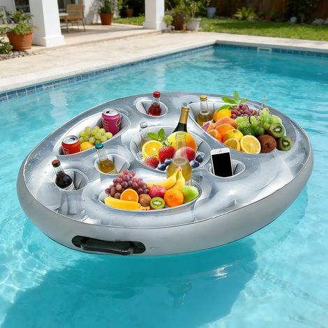 Bar flottant gonflable pour piscine – 8 porte-boissons + porte-snacks – Stable (canettes et bouteilles ne chavirent pas) – Emplacement téléphone – Idéal pour spa, plage, anniversaire, barbecue (1/4)