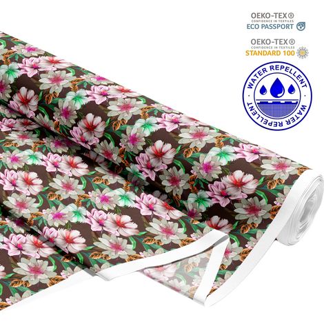 TESSUTI DECORATIVI PER ESTERNI OXFORD - Motivo fiori rosa su marrone I DR120 (1/5)