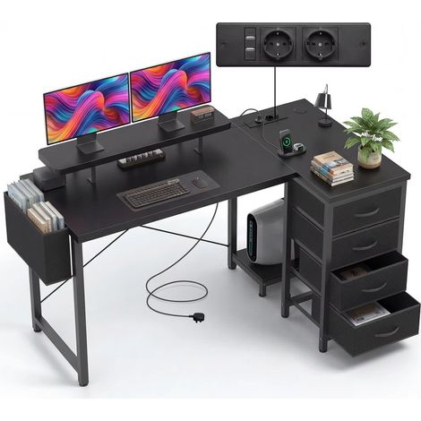 Bureau en forme de L avec étagère pour écran pour bureau, 140x80 cm bureau en forme de L avec prise et tiroirs en tissu, Noir (1/5)